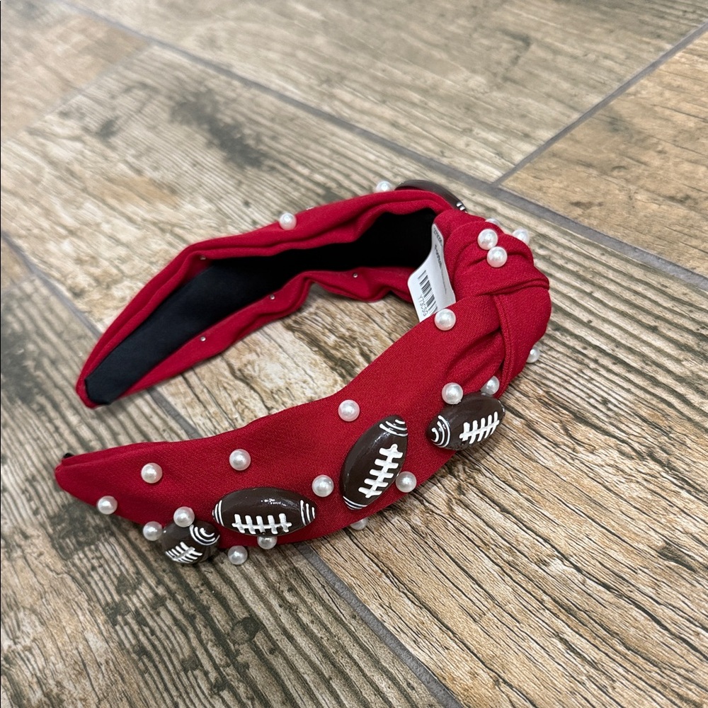 Brand new football headband red pearls knot fabric
